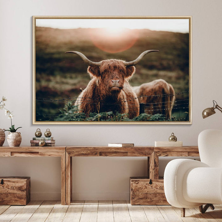 A Highland Cow Animal Canvas Wall Art, featuring a grassy field, is displayed on the wall.