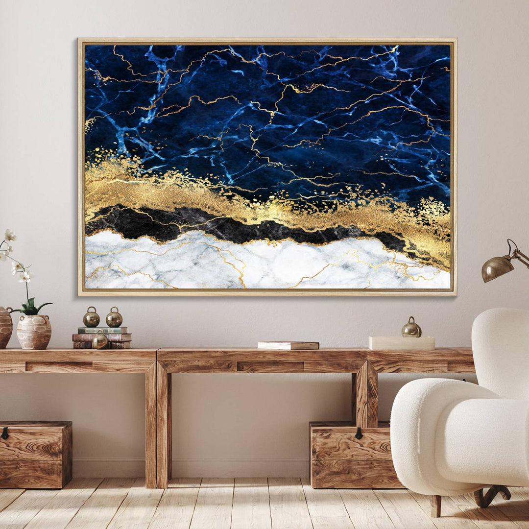 Navy Blue Marble Fluid Effect Canvas Wall Art, featuring a gold and white abstract design, adds a finishing touch to your modern kitchen decor.