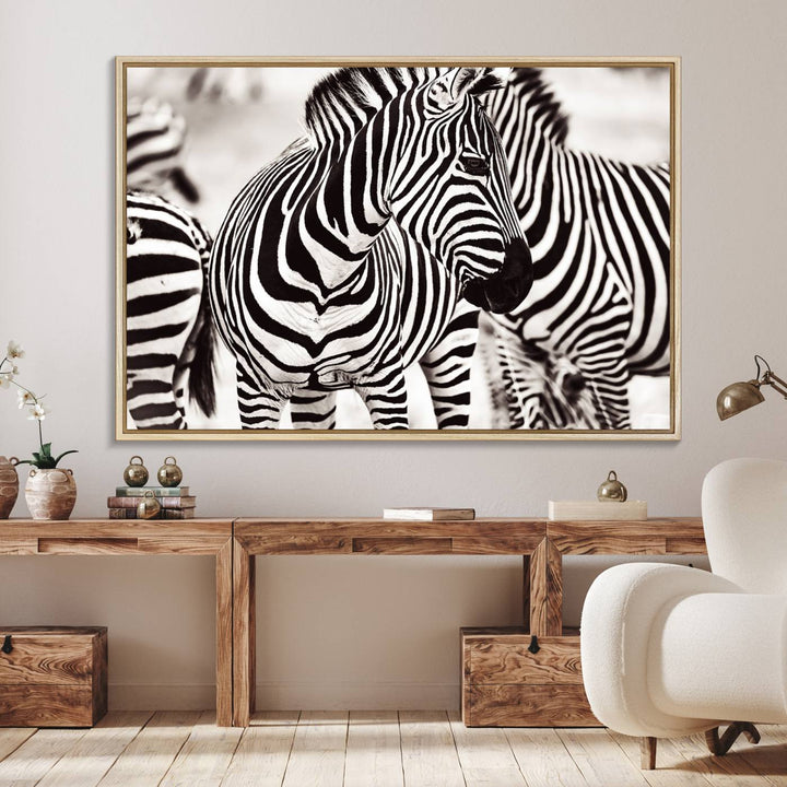 The Brilliant Zebra Photography Art Canvas Print hangs prominently on the wall.