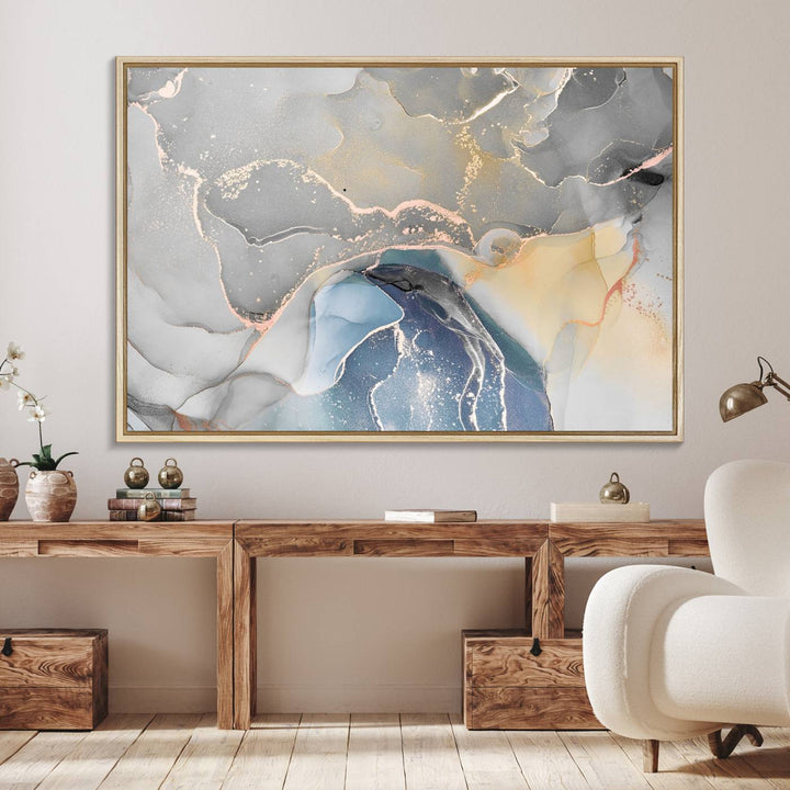 Gray Marble Fluid Effect Abstract Canvas with swirls of gray, gold, and blue.