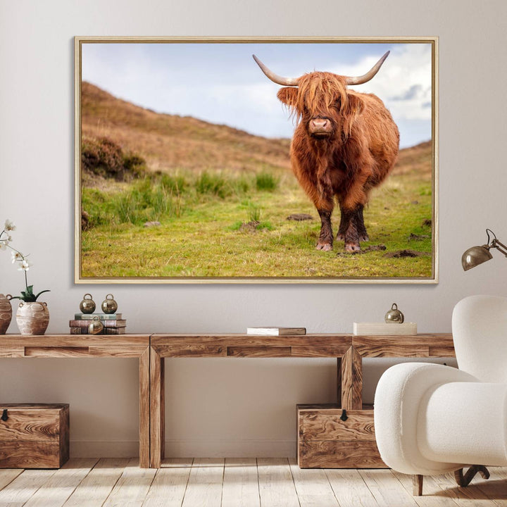 A Highland Cow Animal Canvas Wall Art hangs on the wall, adding warmth to the room.