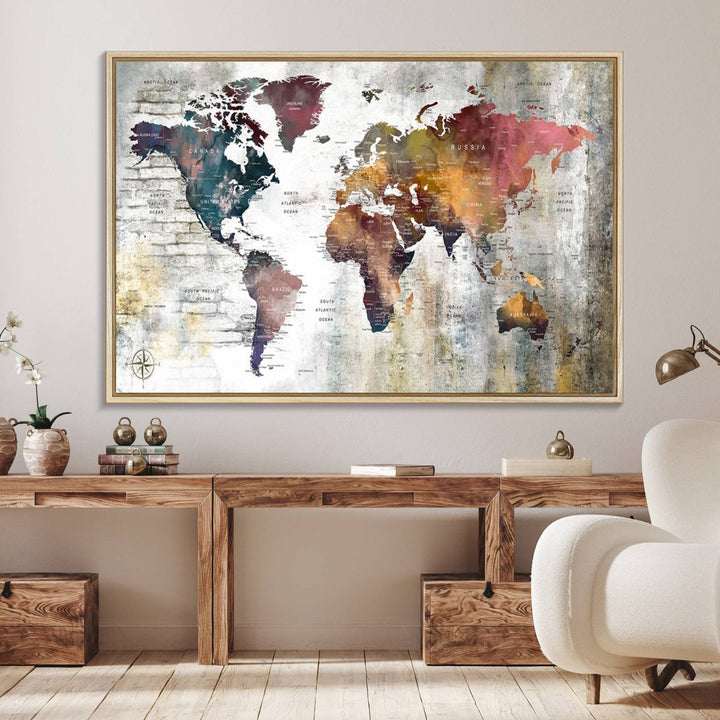World Map Wall Art Triptych | 3-Panel Canvas Print Featuring Antique Style Map for Living Room, Office, Study, or Home Decor | Vintage Map Wall Art