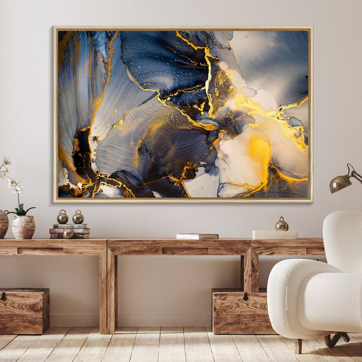 Large Abstract Wall Art Print - Gold and Blue Abstract Canvas Wall Art | Fluid Ink Modern Luxury Wall Decor for Living Room Decor