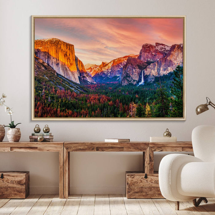 An El Capitan Yosemite Canvas showcasing a sunset over a mountain valley.