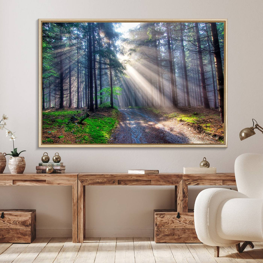 The dining area features a 3-panel Forest Path Canvas showcasing sun rays filtering through a misty forest.