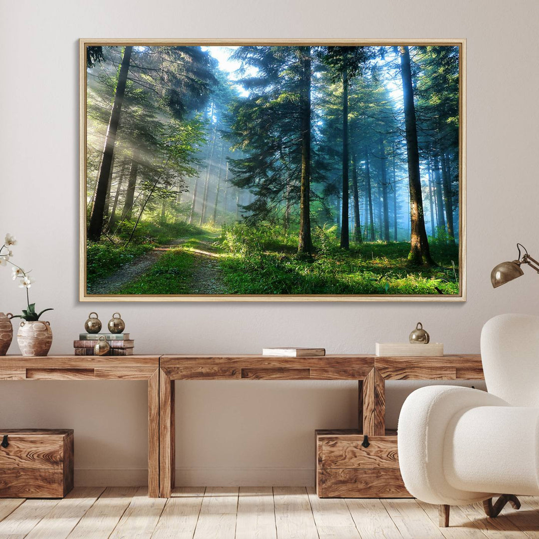 Enhancing the space is the Forest Sun Shine wall art canvas print, showcasing a serene forest scene.