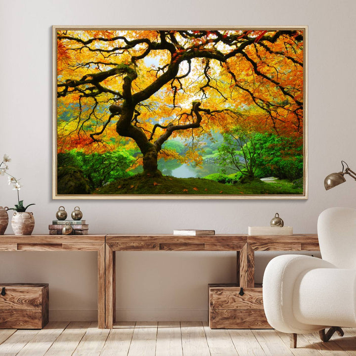 The Portland Japanese Maple Tree Canvas adds elegance to a modern living room.