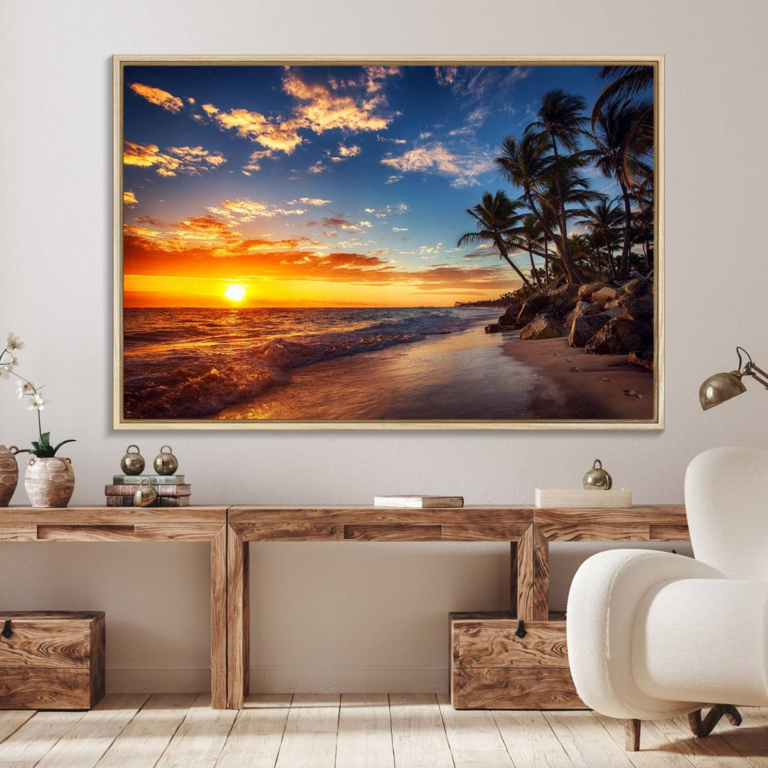 A stunning Tropical Beach Sunset Canvas Art featuring palm trees and ocean waves, created as a Giclee print.