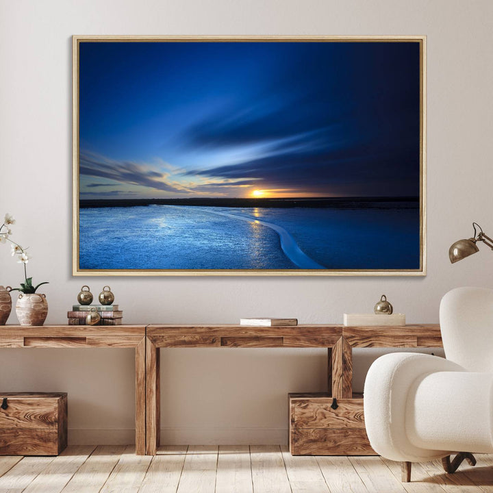 Modern decor: Deep Blue Ocean Sunset Triptych for a serene coastal vibe.