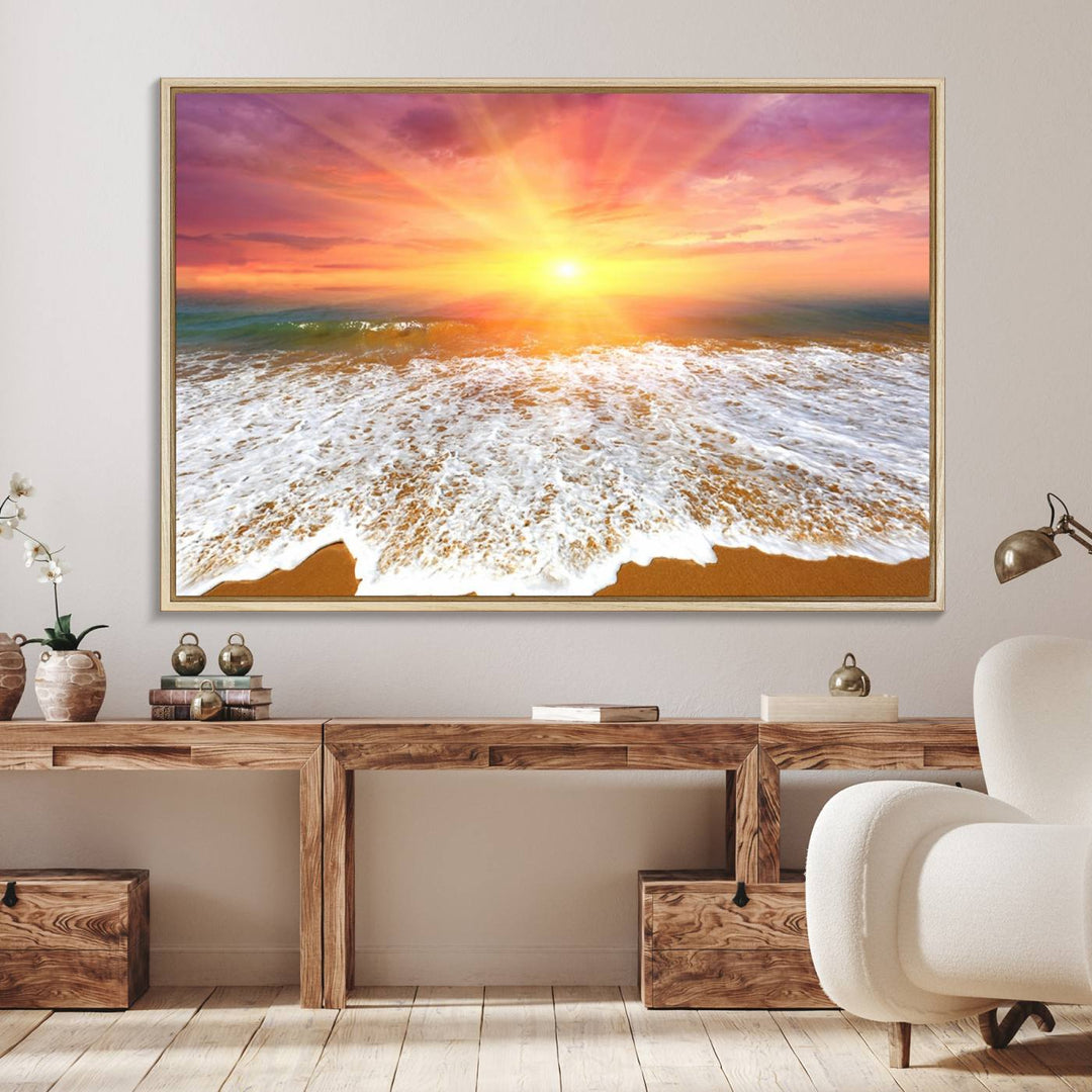 Golden Beach Sunrise 3-panel canvas art of ocean waves, hung on a wooden wall.