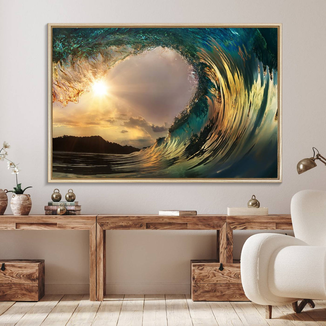 A Golden Wave Sunset Giclee hangs above, showcasing colorful ocean wave art.