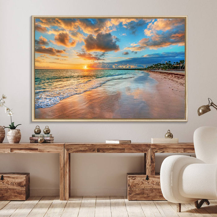 A wall displays Sunset Ocean Waves on Tropical Beach 3-panel canvas art.