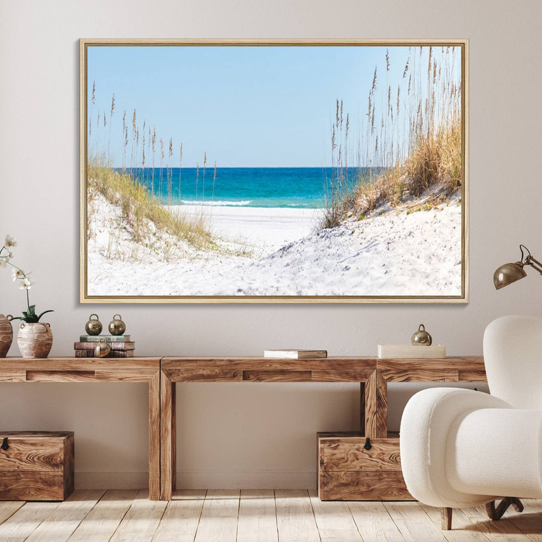 Serene Coastal Dune Path with Ocean View, 3-Panel Beach Canvas Art; tranquil seascape for coastal decor.