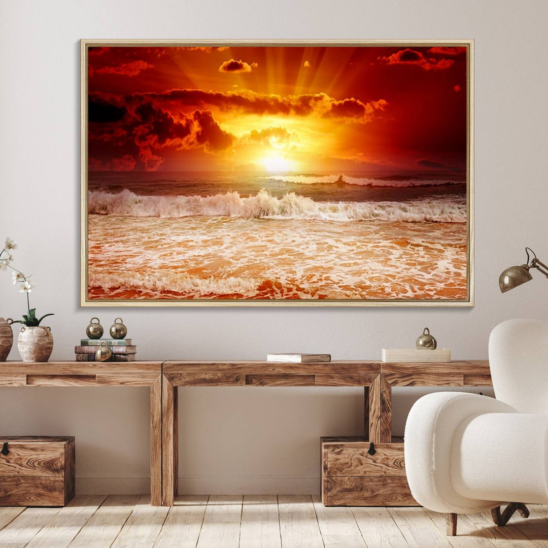 The Red Sunset Ocean Beach Canvas depicts ocean waves.