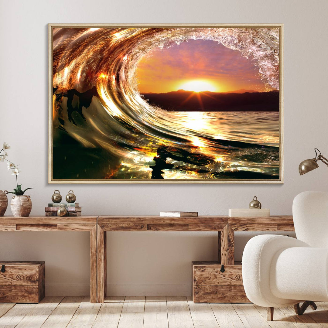 The Golden Wave Sunset Triptych Canvas Art showcases an ocean wave at sunset, casting warm light.