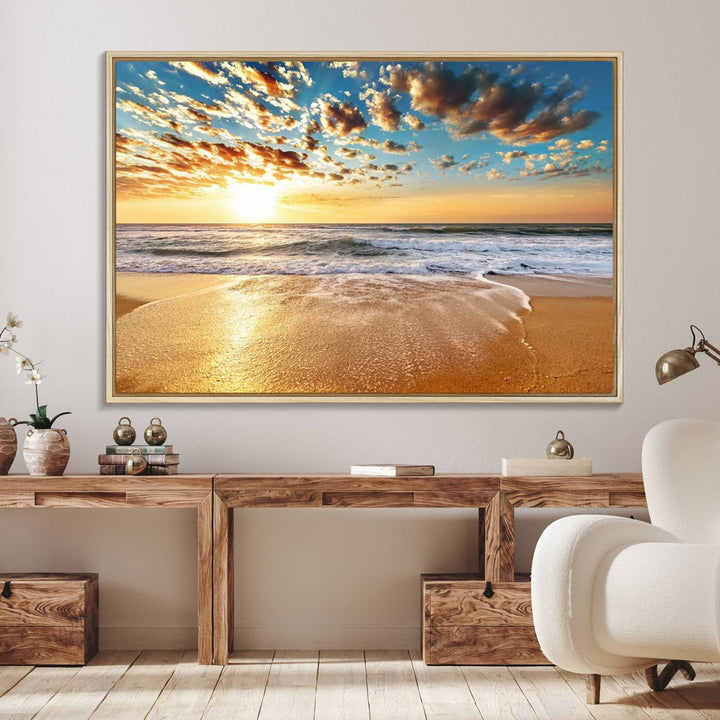 A Golden Sunset Beach giclee triptych canvas hangs prominently.