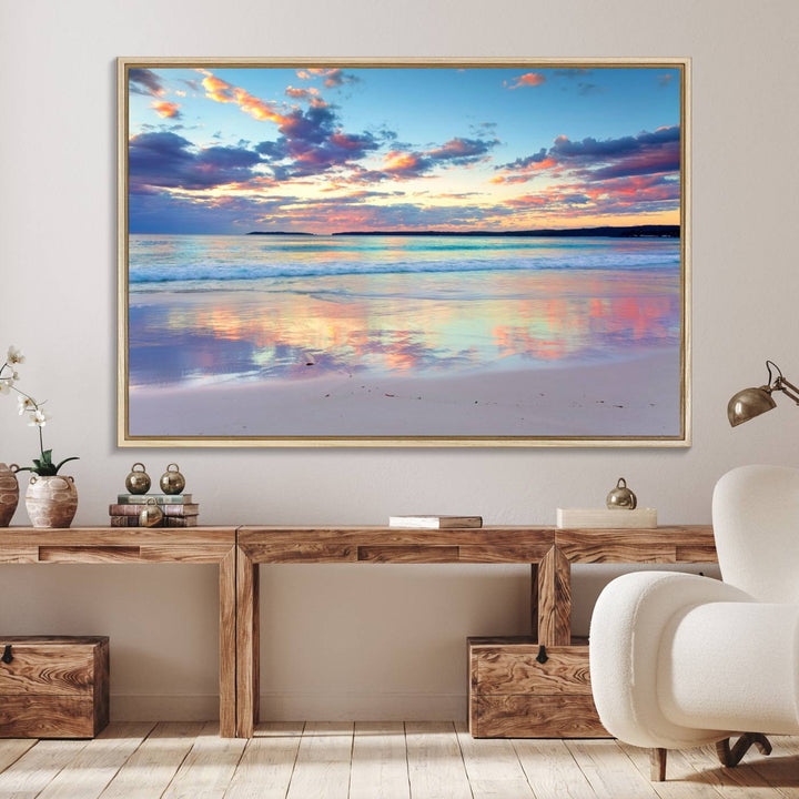 The Tranquil Pastel Sunset Beach Triptych Canvas Art hangs, showcasing its serene beauty.