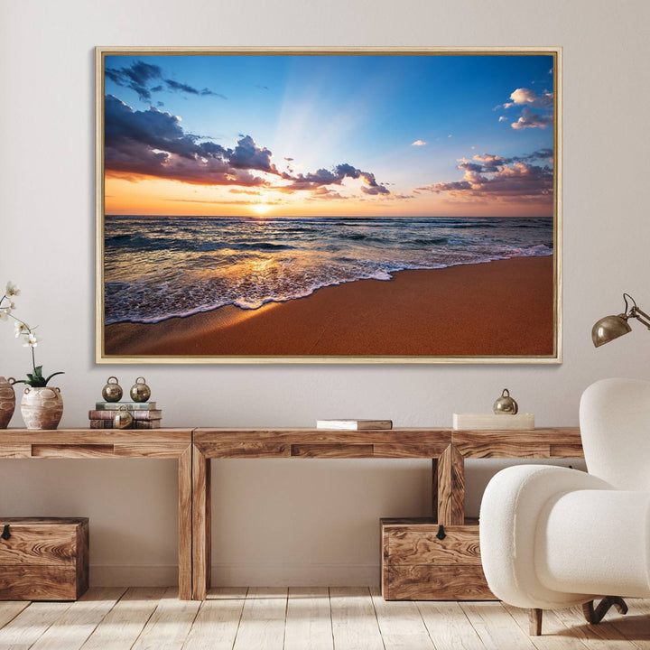 The living room showcases a Serene Ocean Sunset Canvas Print.