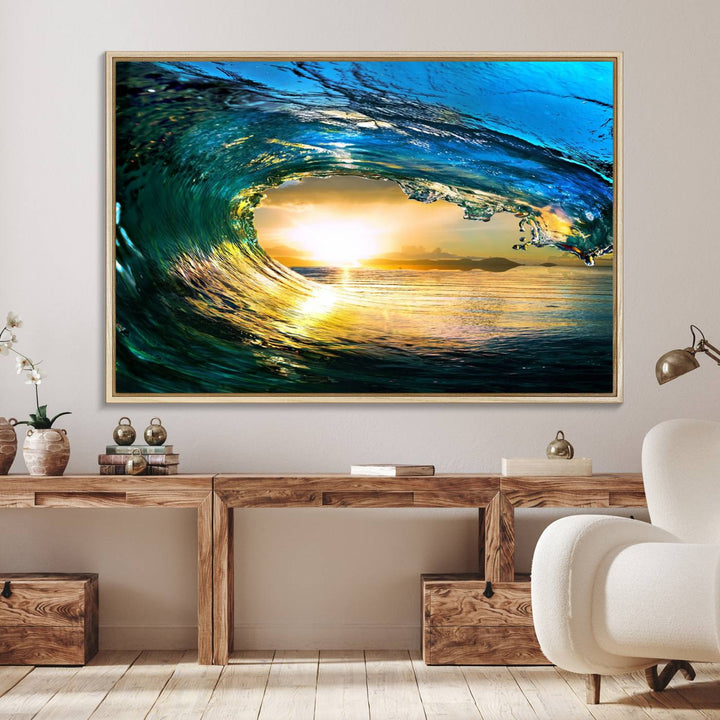 The Ocean Wave at Sunset Canvas Art exudes a coastal vibe.