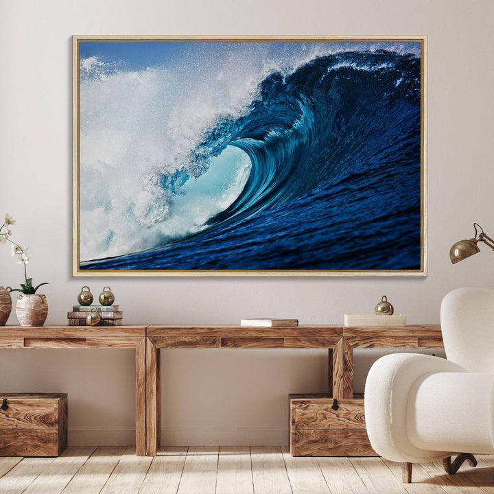 Ocean Wave at Sunset Canvas: A vibrant coastal art piece perfect for modern minimalist decor.