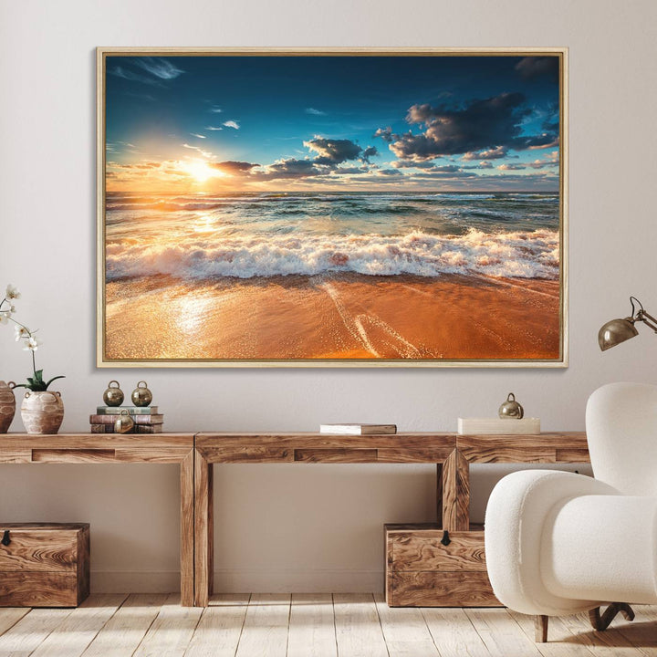 A Golden Sunset Beach Triptych Canvas Art hangs on a white wall.