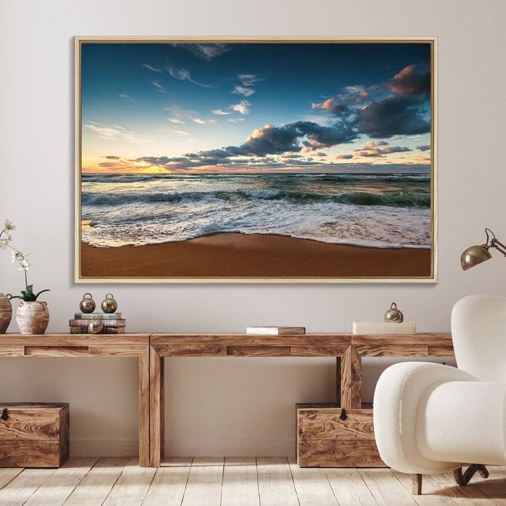 Ocean Beach Wall Art Canvas Print hangs prominently.