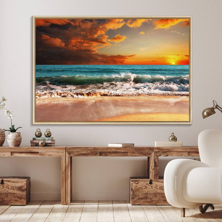 A Golden Sunset Beach triptych seascape canvas hangs on the wall.