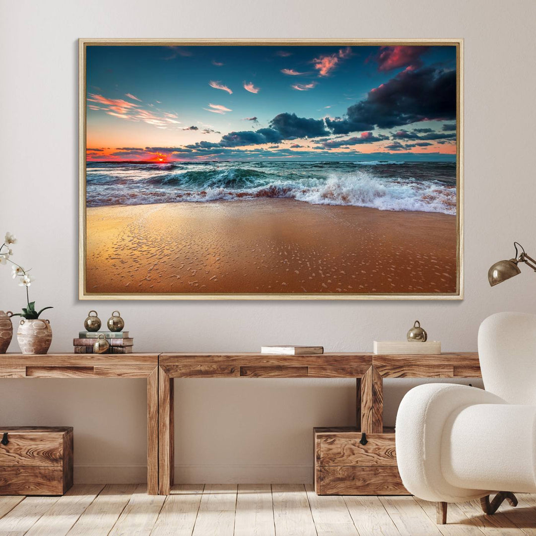 A large 3-panel sunset ocean beach canvas is displayed above the counter.