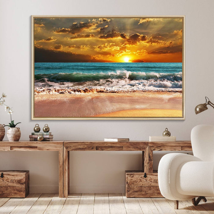 Golden Sunset Beach Canvas Triptych adorns the cozy room, creating a stunning focal point.