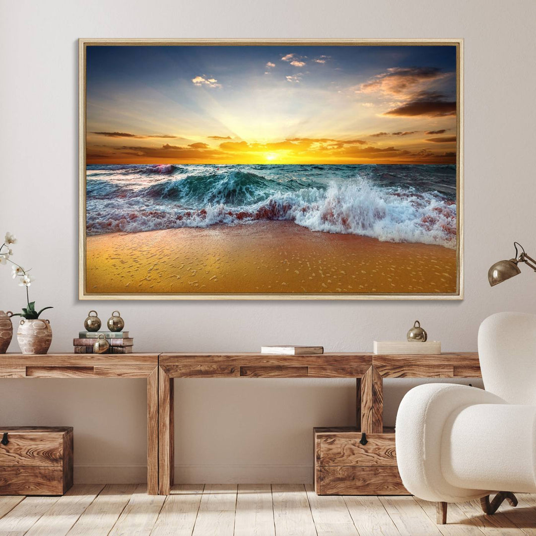 The kitchen features the Golden Sunset Ocean Waves multi-panel coastal wall art canvas.