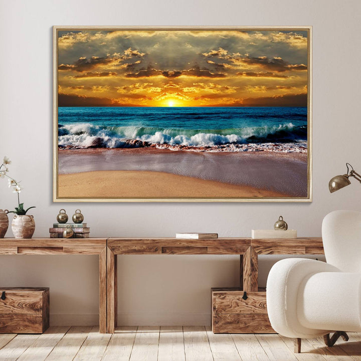 The Ocean Sunrise Over Golden Beach Waves wall art is prominently displayed, capturing the serene beauty of a beach at sunrise.