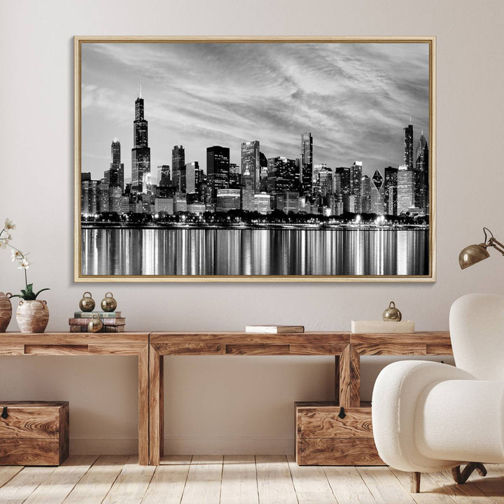 The Chicago City Cloudy Skyline Canvas Print hangs prominently.