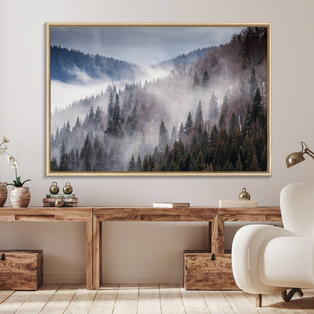 A museum-quality canvas of Beautiful Rising Fog in Winter Mountain Landscape hangs on the wall.