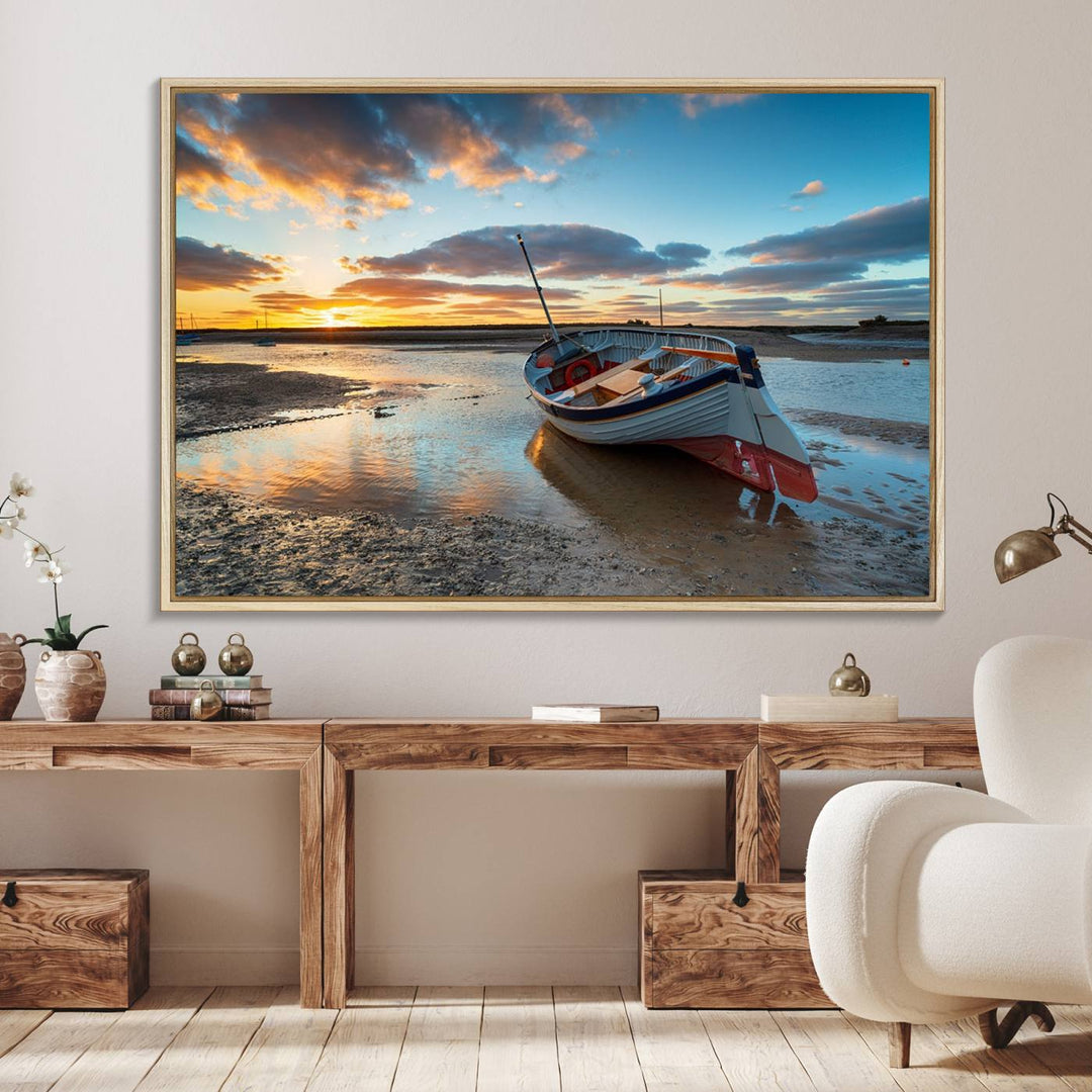 The Small Boat At The Beach Sunset wall art canvas print features UV coating, is museum-quality, and is ready to hang.