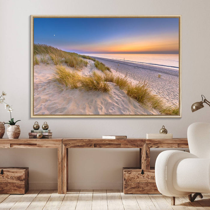 The cozy kitchen features the Sunrise On The Beach canvas art.