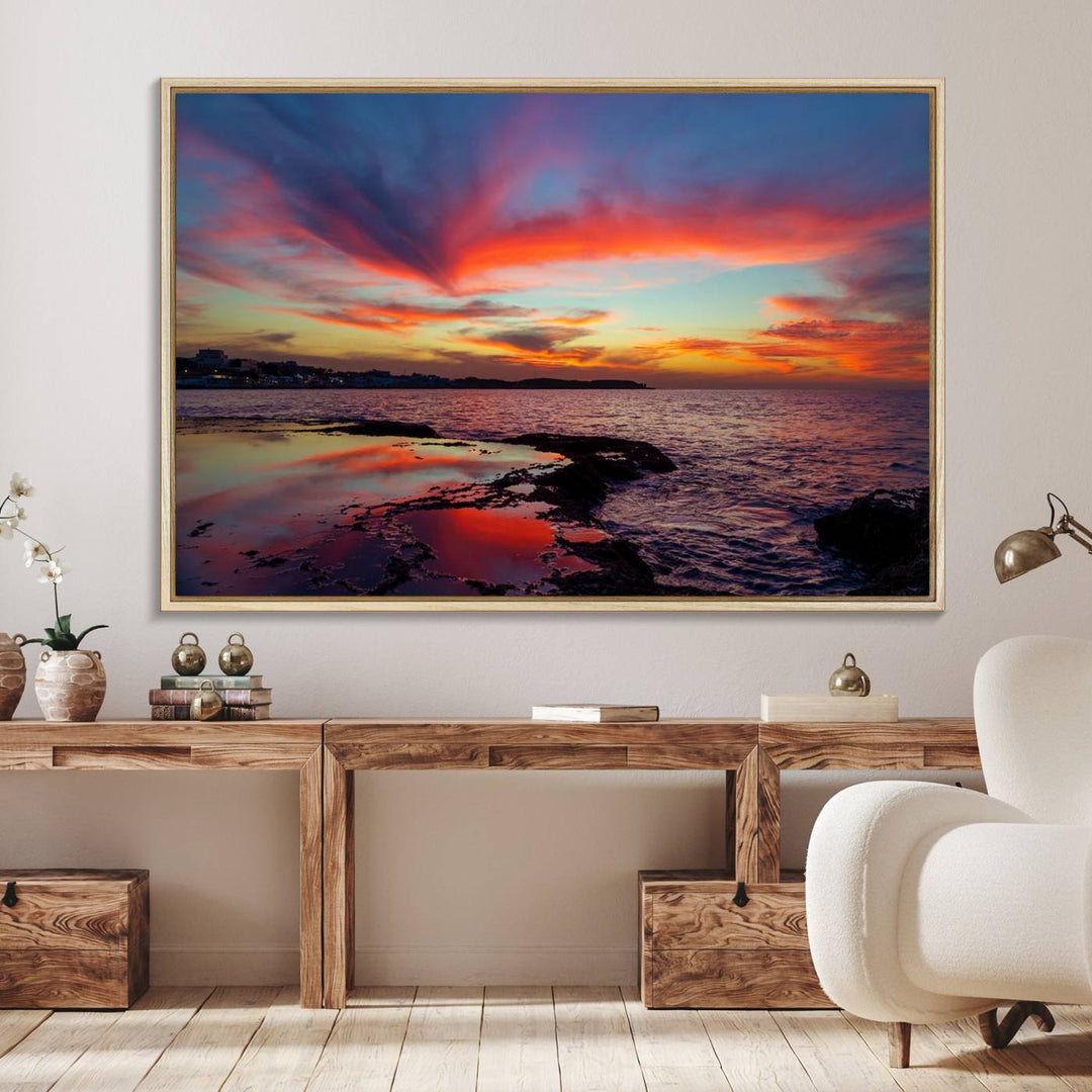 The Glorious Sunset on The Beach canvas print adorns the dining room.