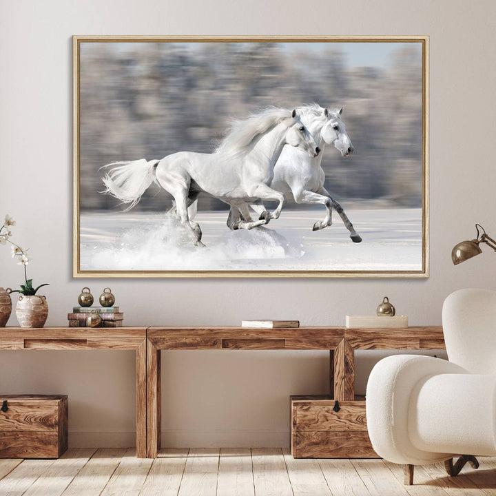 Museum-quality All The White Horses canvas print of two white horses in snow, ready to hang.