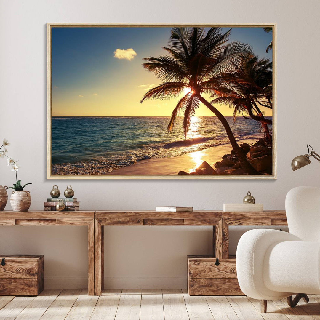 Sunset Palm Trees Wall Art Canvas Print: a serene beach scene on museum-quality canvas.