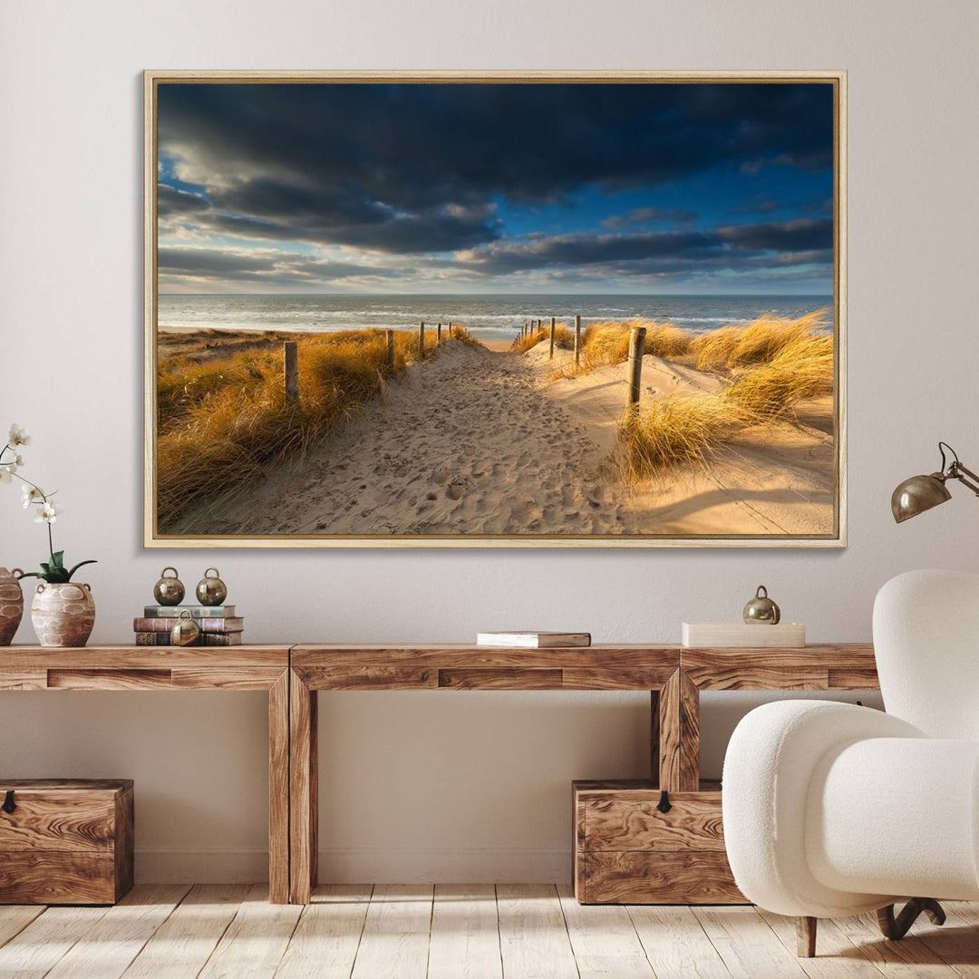 Museum-quality Ocean Beach Dark Clouds canvas print.