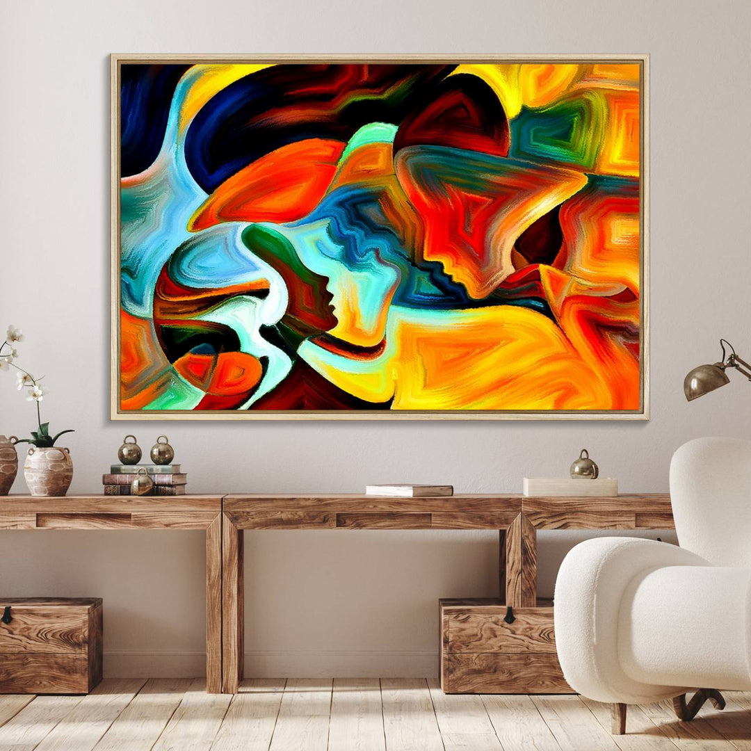 The kitchen wall features the Human Love Figures Abstract Wall Art Canvas Print.