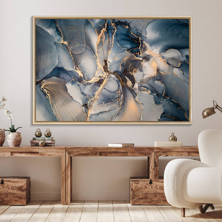 Abstract wall art canvas print is displayed prominently, adding a modern touch to the decor.