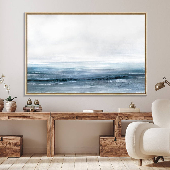 The dining area features Blue Ocean Abstract Artwork on canvas.