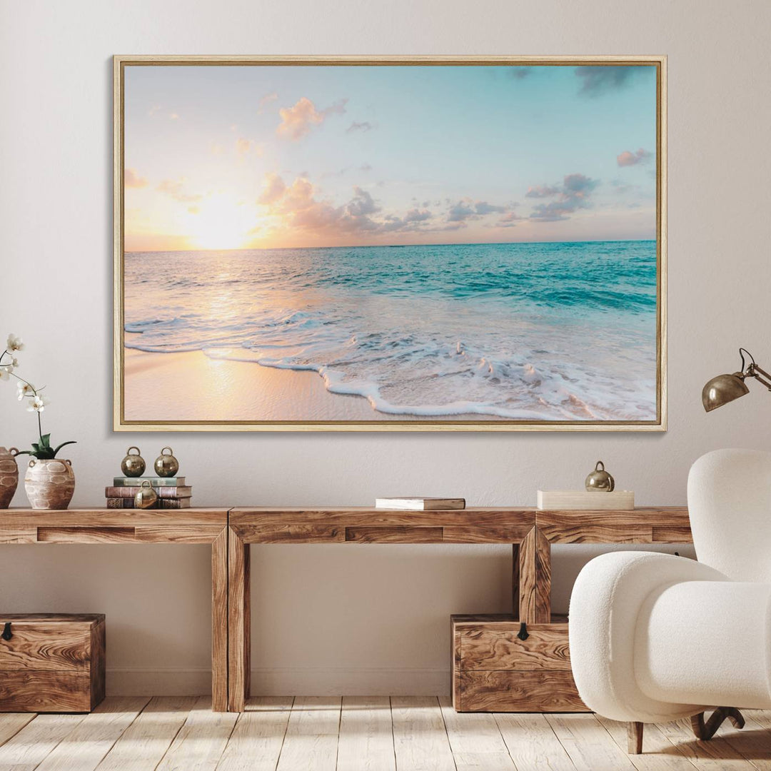 The room features a 3-panel Tranquil Ocean Beach Sunset Canvas Wall Art.