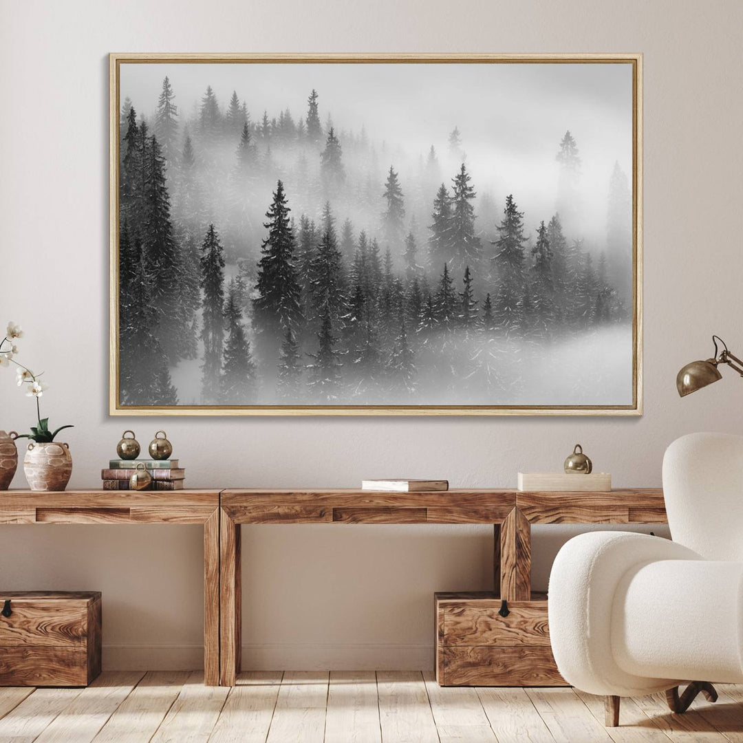 A stunning Foggy Misty Forest Canvas Wall Art adorns the kitchen wall.