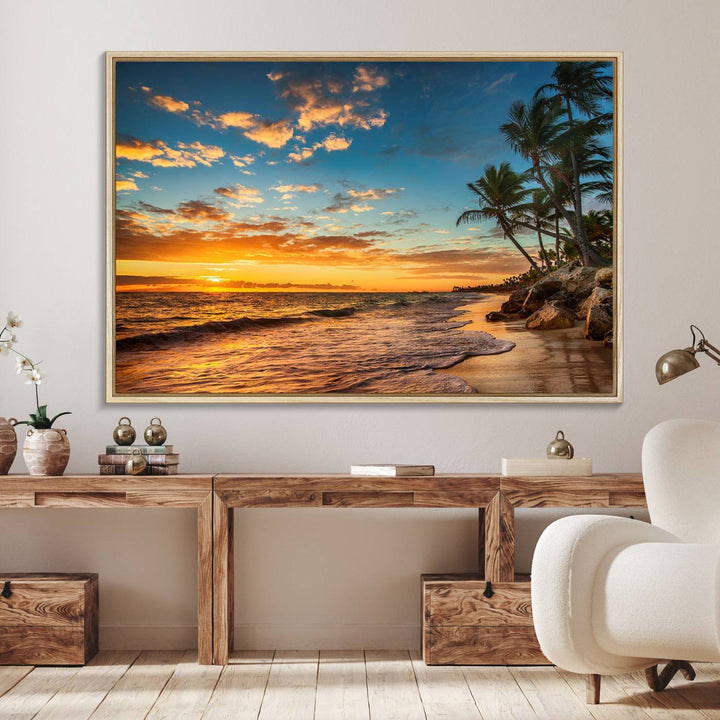 A stunning beach sunset on a museum-quality Sunset Wall Art Canvas Print adorns the kitchen wall.