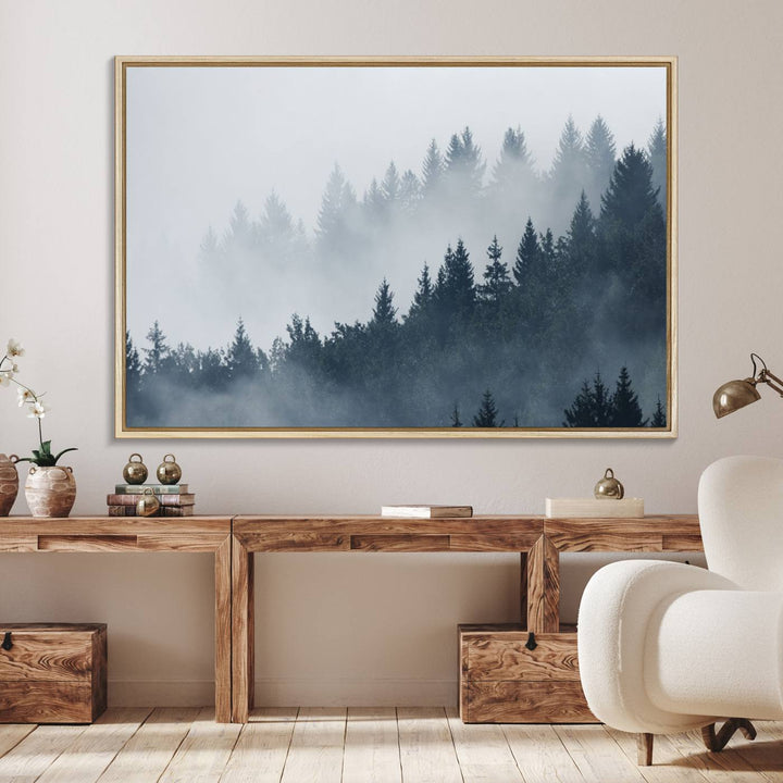 A large Foggy Pine Forest Wall Art Canvas Print.