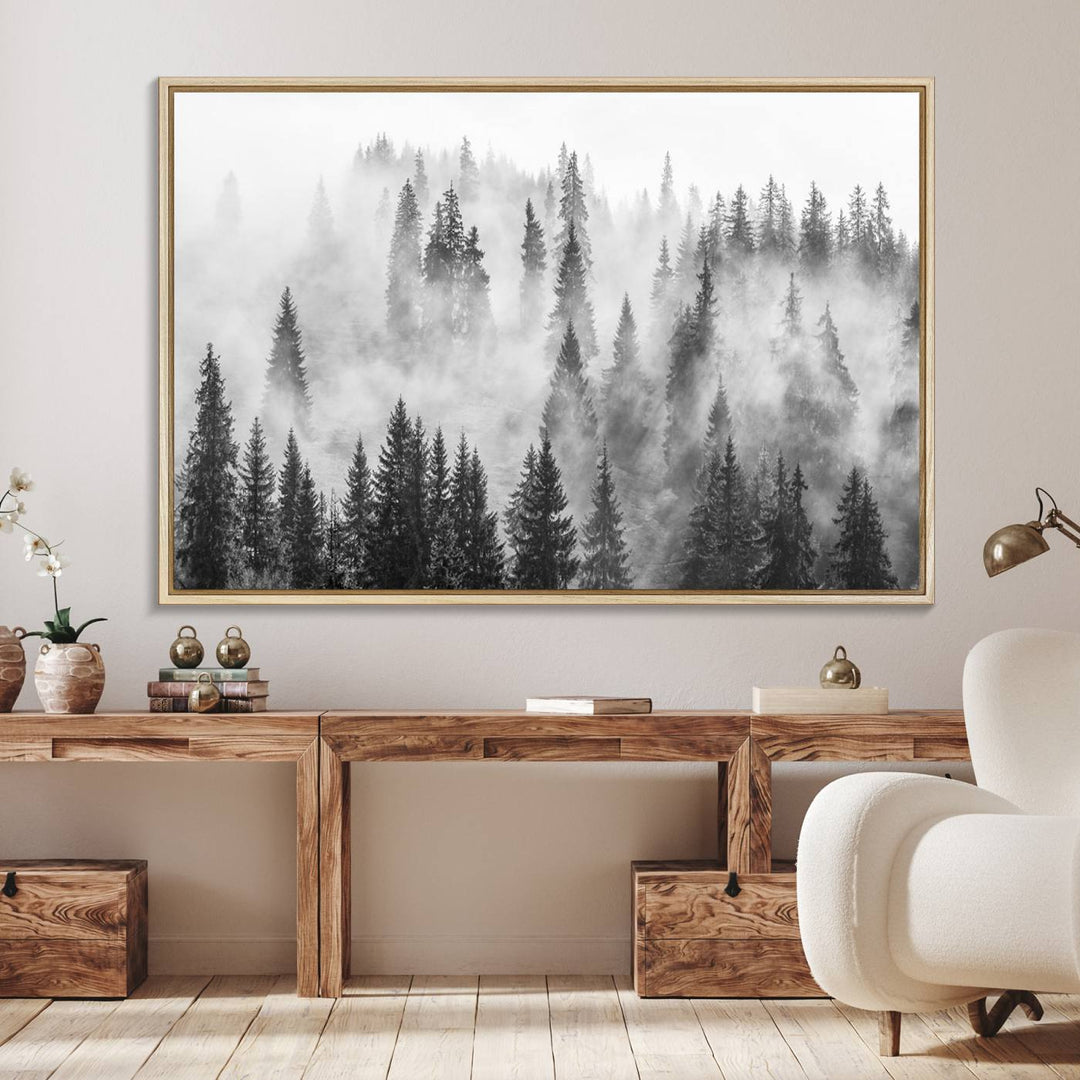 The Forest Wall Art Print hangs prominently, depicting a serene woodland scene.