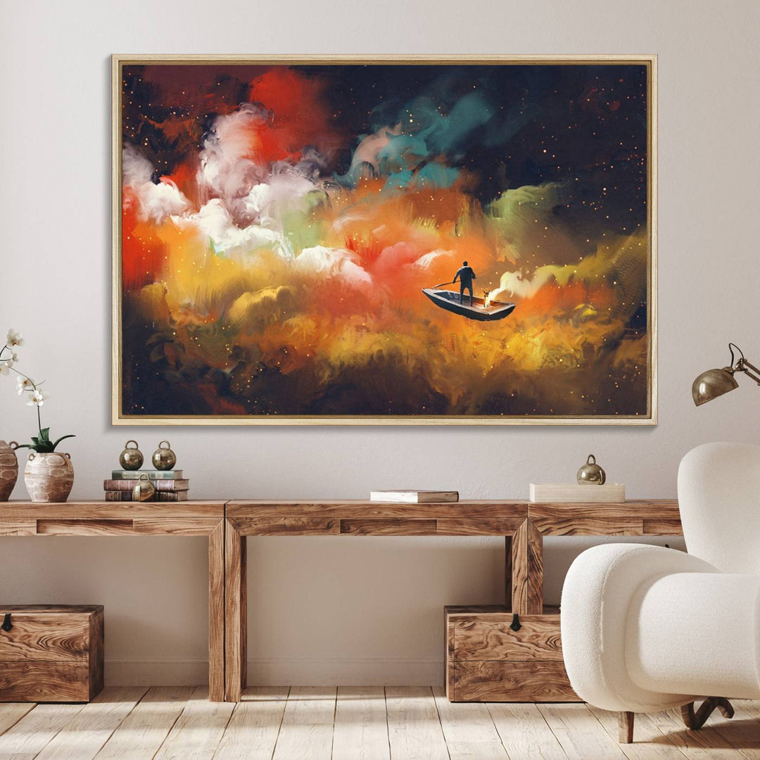 Surreal Space Adventure Canvas Wall Art features a person in a boat.