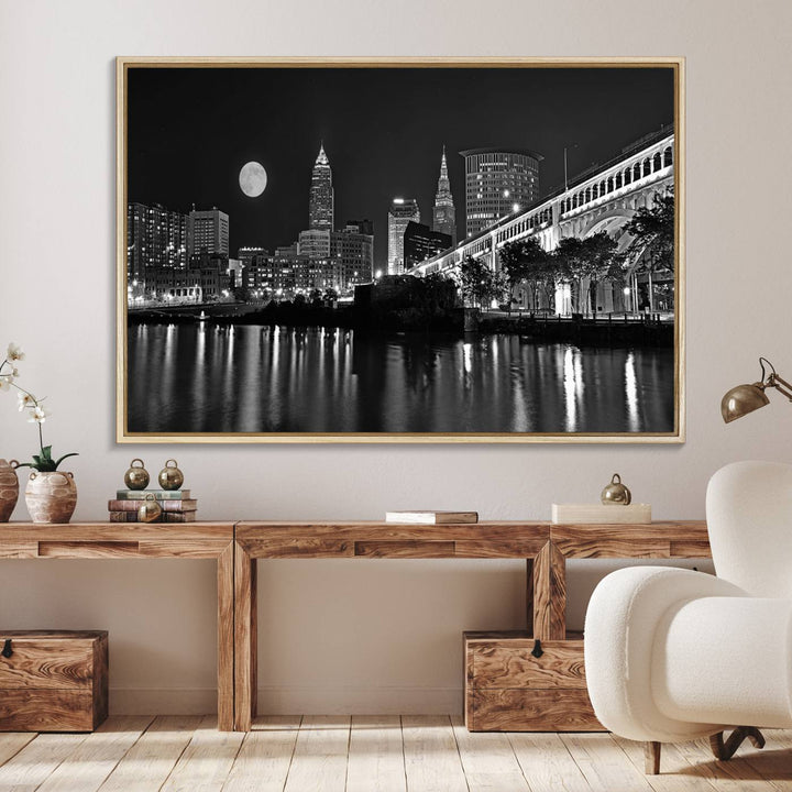 Cleveland Night Skyline Canvas Print: A museum-quality piece, ready to hang, featuring a stunning full moon and its reflections below.