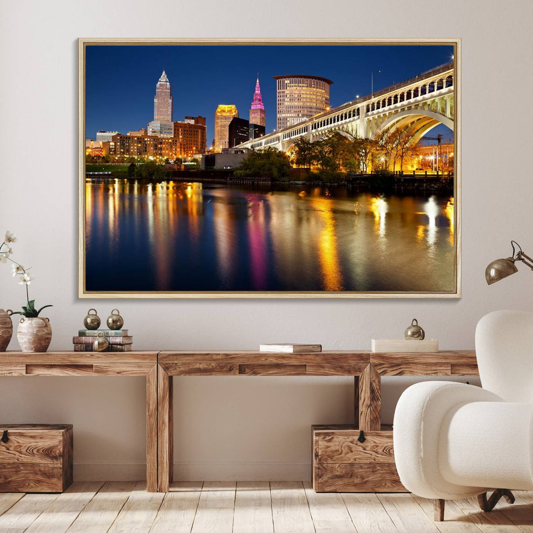 Cleveland Night Skyline Canvas: Cityscape with an illuminated bridge reflecting on calm water.